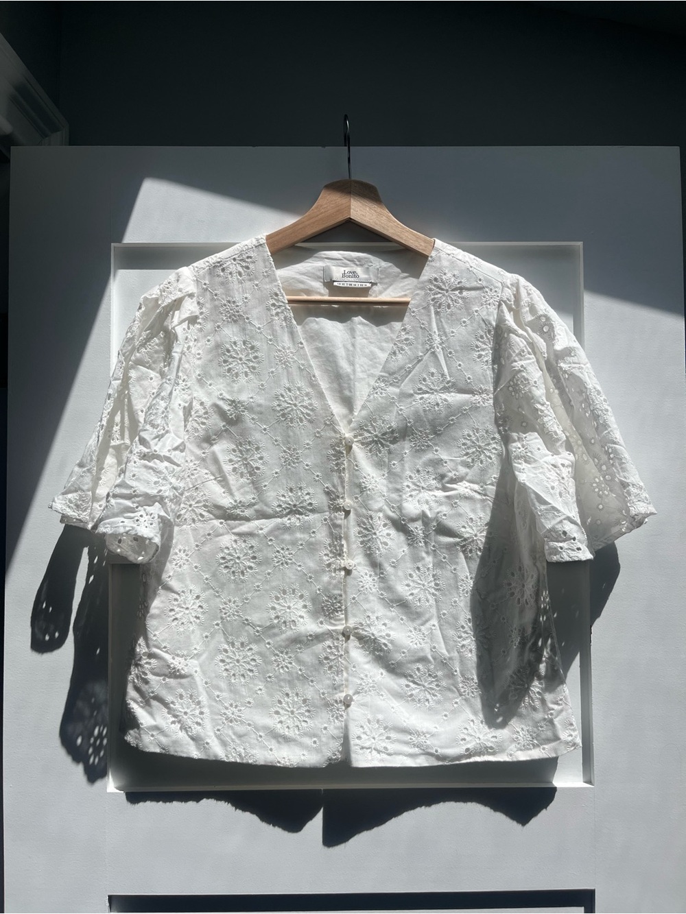 Love, Bonito White Eyelet Embroidered Button-Front V-Neck Blouse